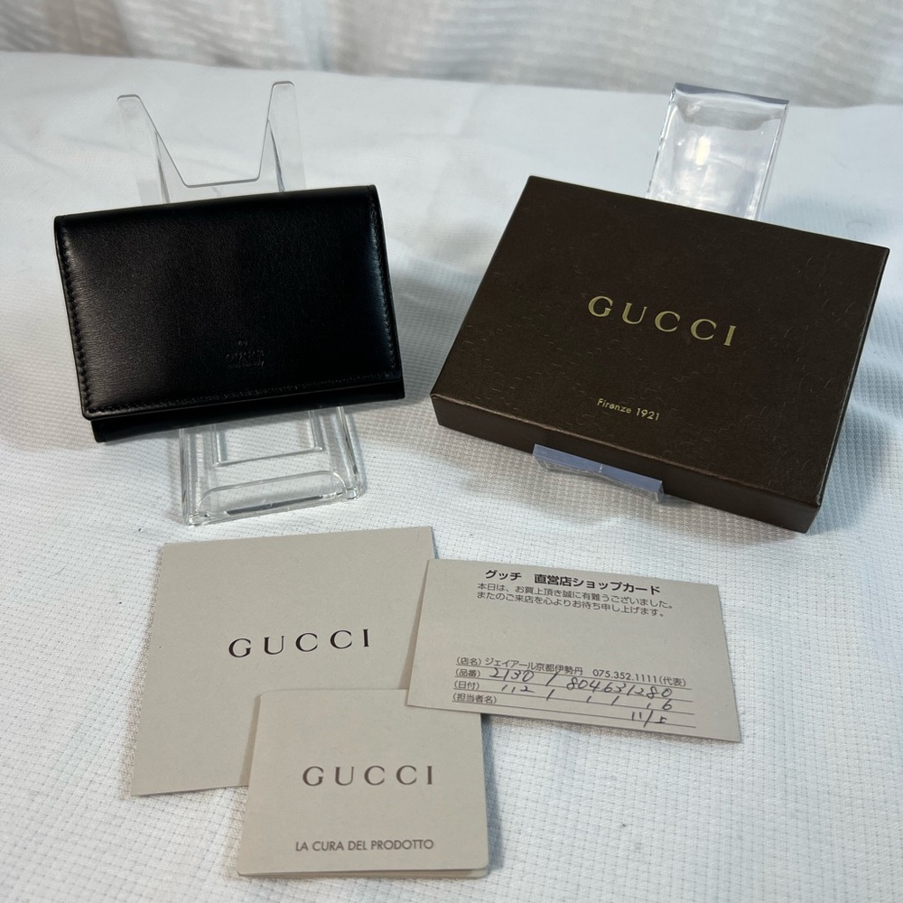 Gucci Black Leather Business Card Holder Card Case w/ Box